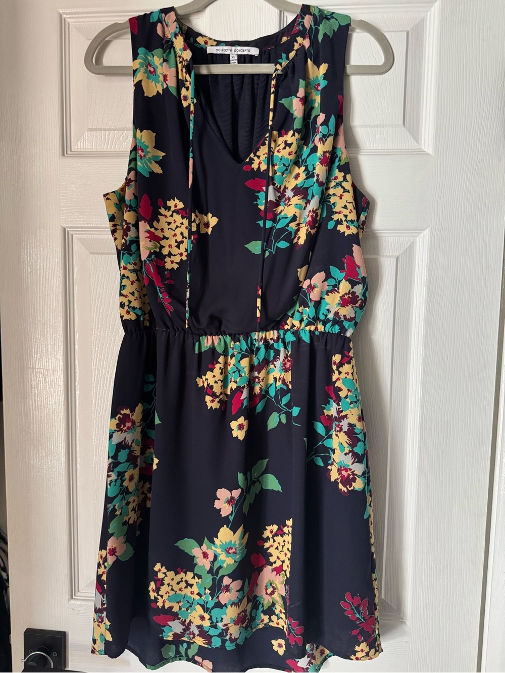 Collective Concepts Navy Floral Tie-Front Mini Dress with Yellow & Teal Accents